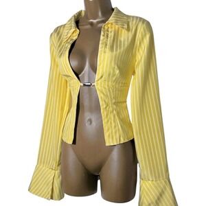 New XS Yellow Striped Open Front 90's Y2k Blouse Long Flare Sleeve Clasp Top